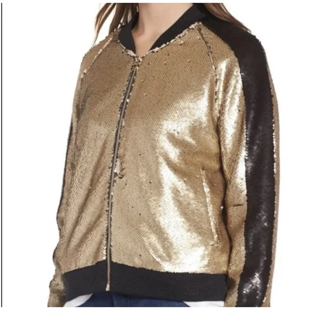 New Blank NYC Bomber Jacket Women's Size XS Gold Full Zip Sequin Holidays Bright